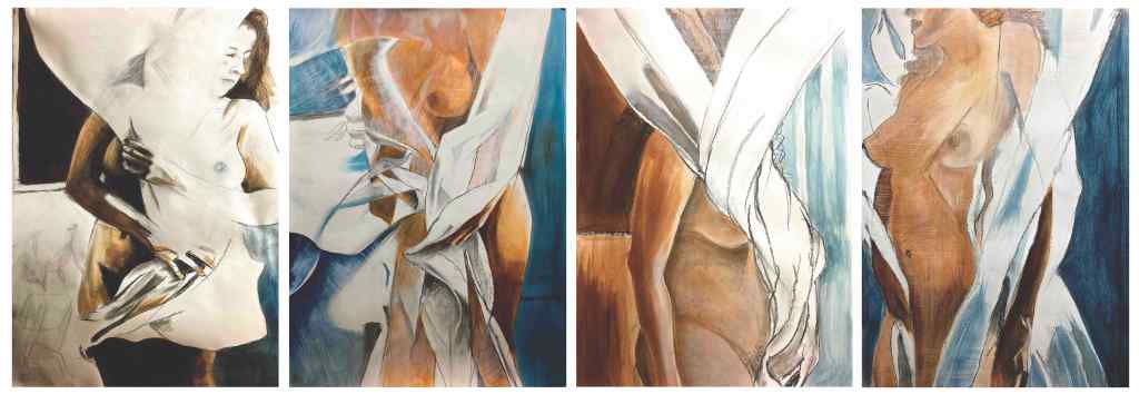 Nudes, female form, fabric, twisted, wrapped, semi-transparent, oil, charcoal