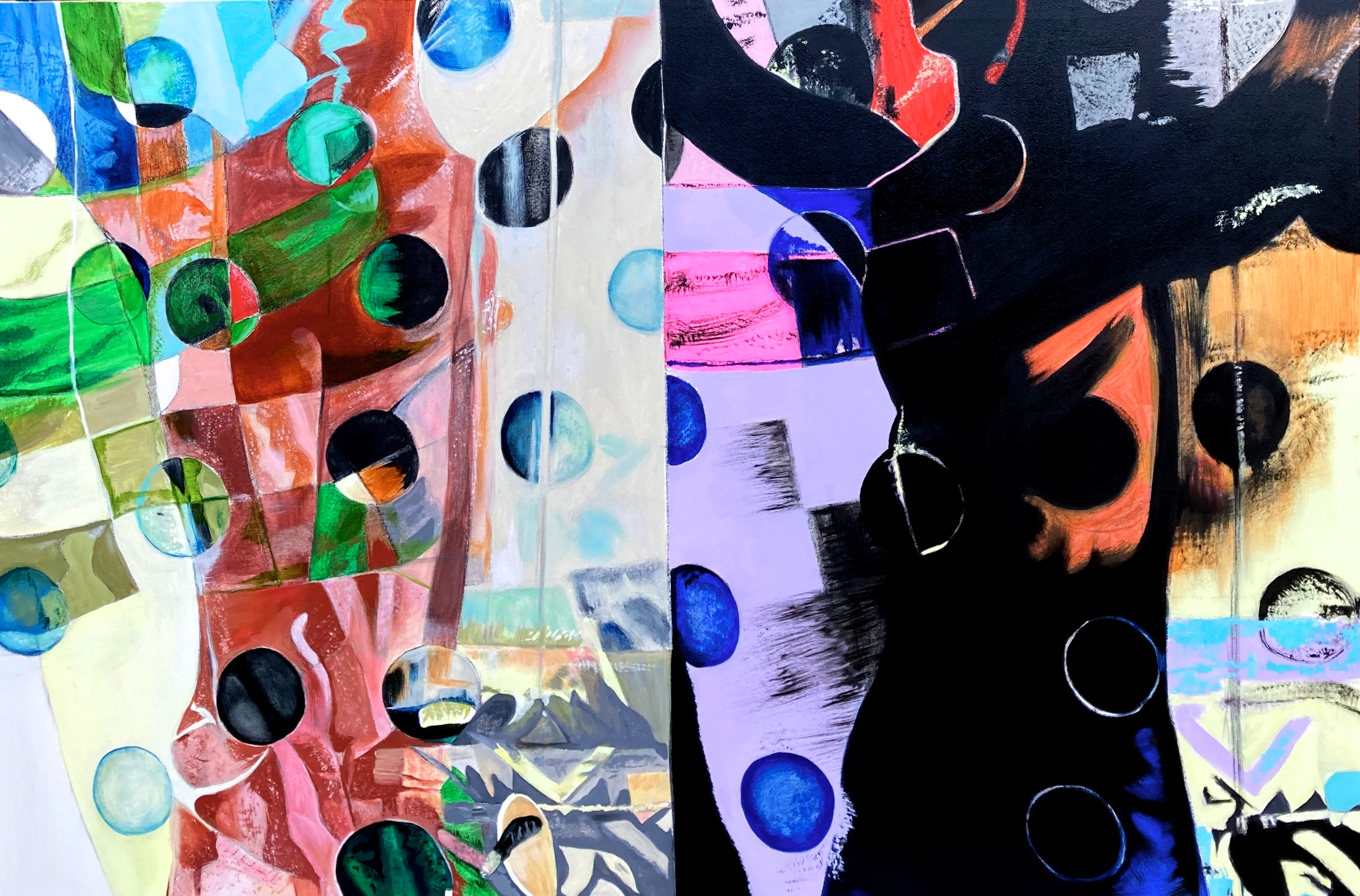 Double image of female figures, bright colours, circles and rectangles.