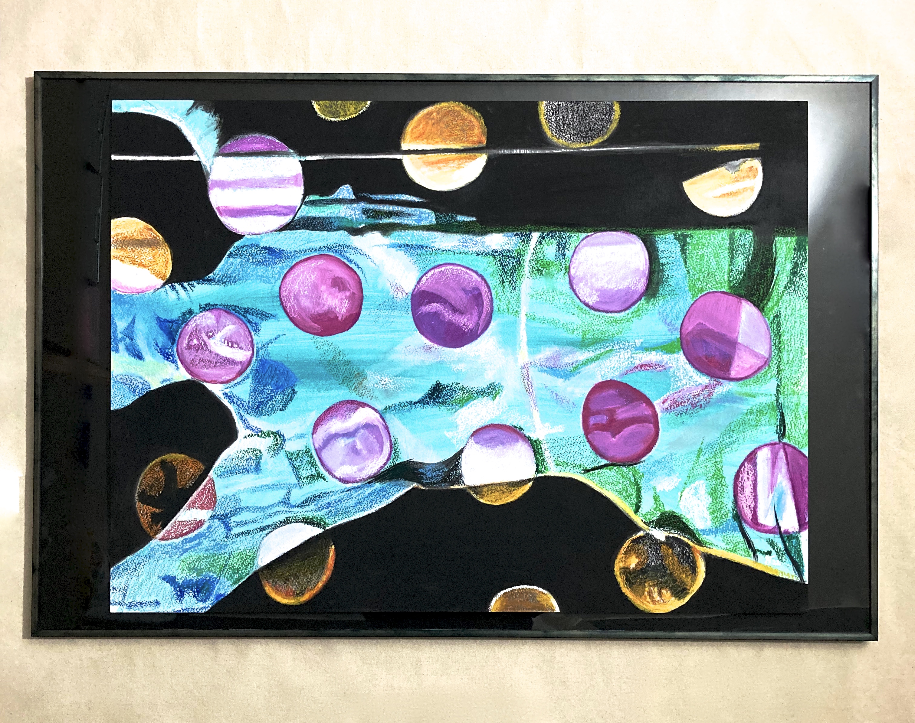 Horizontal Female torso with large polka dot design overlaid.