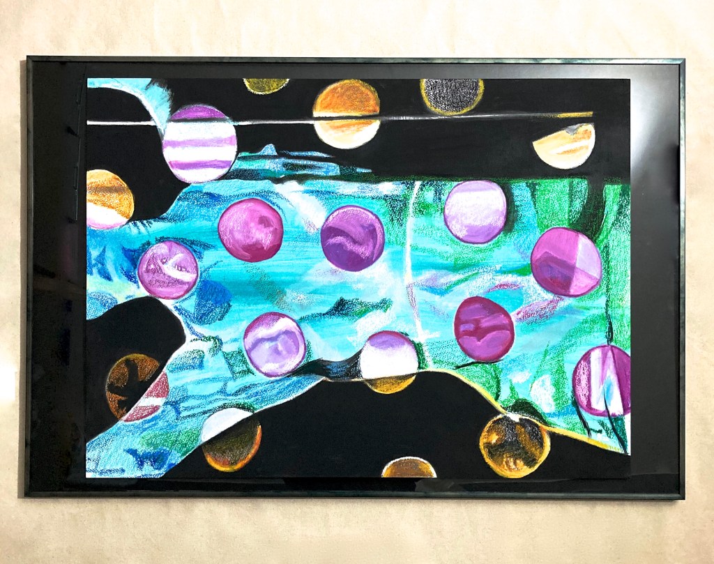 Horizontal Female torso with large polka dot design overlaid.