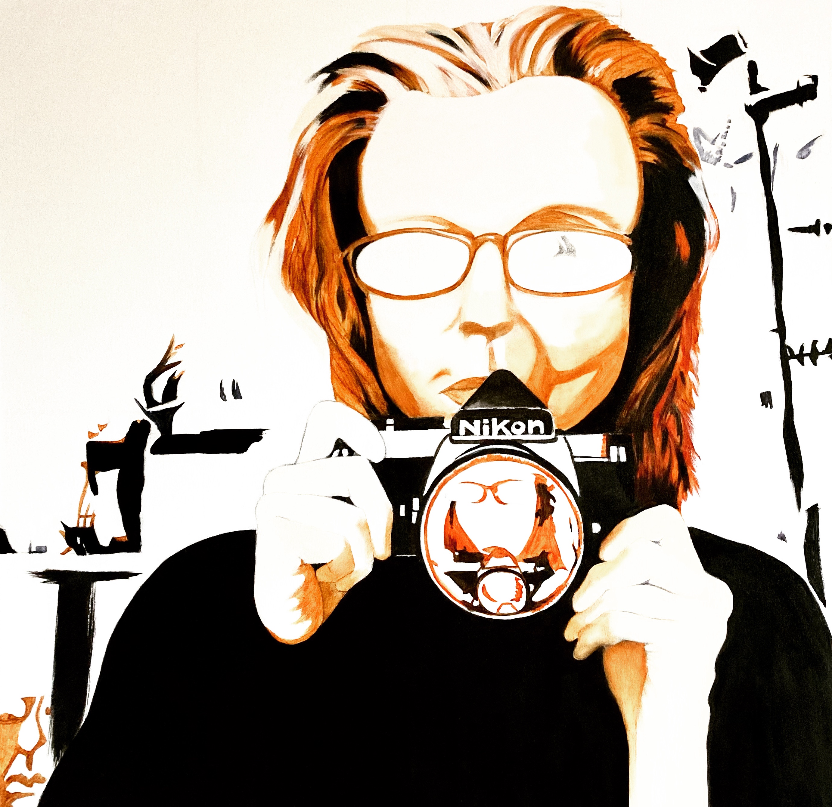 Stylised head and shoulders portrait of woman holding an analogue Nikon camera in front of her chin with a semi abstracted background. Limited palette of black, whicte and russet brown.