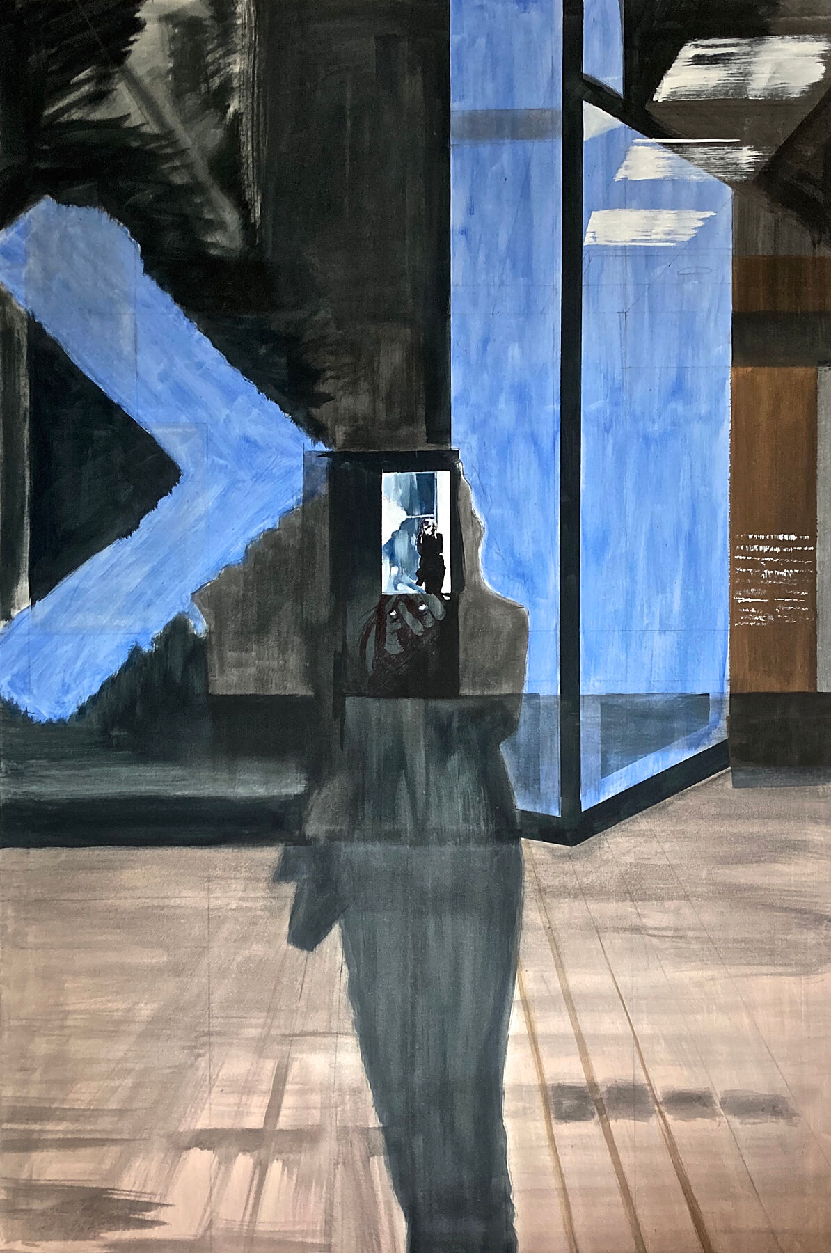 Figure standing in empty interior space