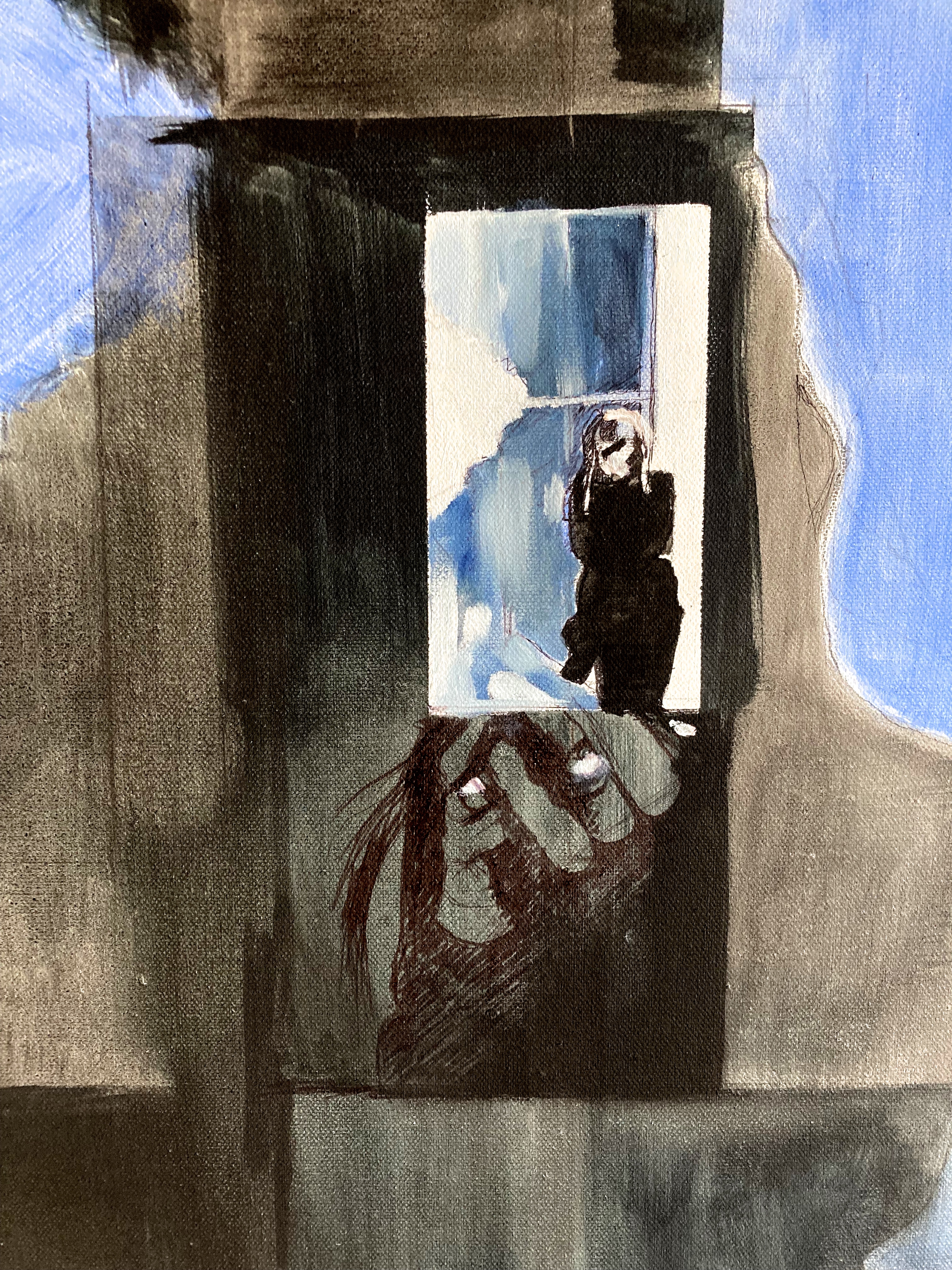 A solitary figure reflected in an empty shopping precinct glass window